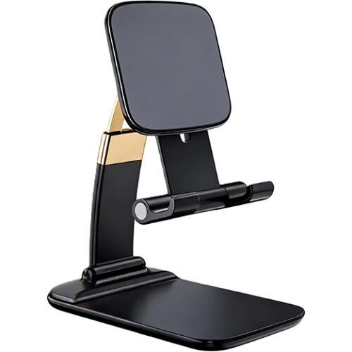 [CTRL & HOME] - Foldable Adjustable Desk Phone Holder, Portable Aluminum Alloy Mobile Stand Compatible with Smartphones, Tablets, Adjustable Height & Angle, Anti-Slip Base – L-311 (Black)
